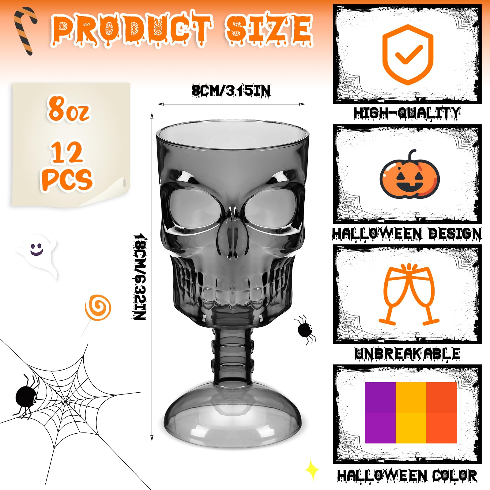 Bokon Set of 12 Halloween Cups Skull Goblets Gothic Party Table Decorations Plastic Wine Goblet Halloween Party Supplies Skeleton Themed Centerpiece (Black)