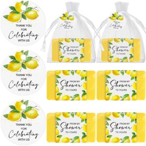 queekay 48 sets bridal shower favors mini scented soap baby shower party favors for guests with thank you tags and organza bags for girl boy(lemon)