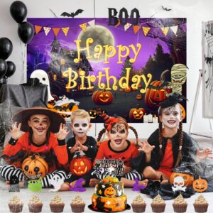 Fiesec Halloween Birthday Party Decorations, Halloween Themed Birthday Party Decorations Backdrop Happy Birthday Banner Balloon Garland Tablecloth Cake Topper Spider Ghost Purple Black Orange