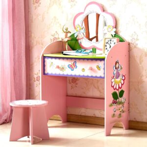 lukazoo kids vanity set with mirror and stool, beauty makeup vanity table with large drawer and chair set for toddlers and kids, wooden girls makeup dressing table