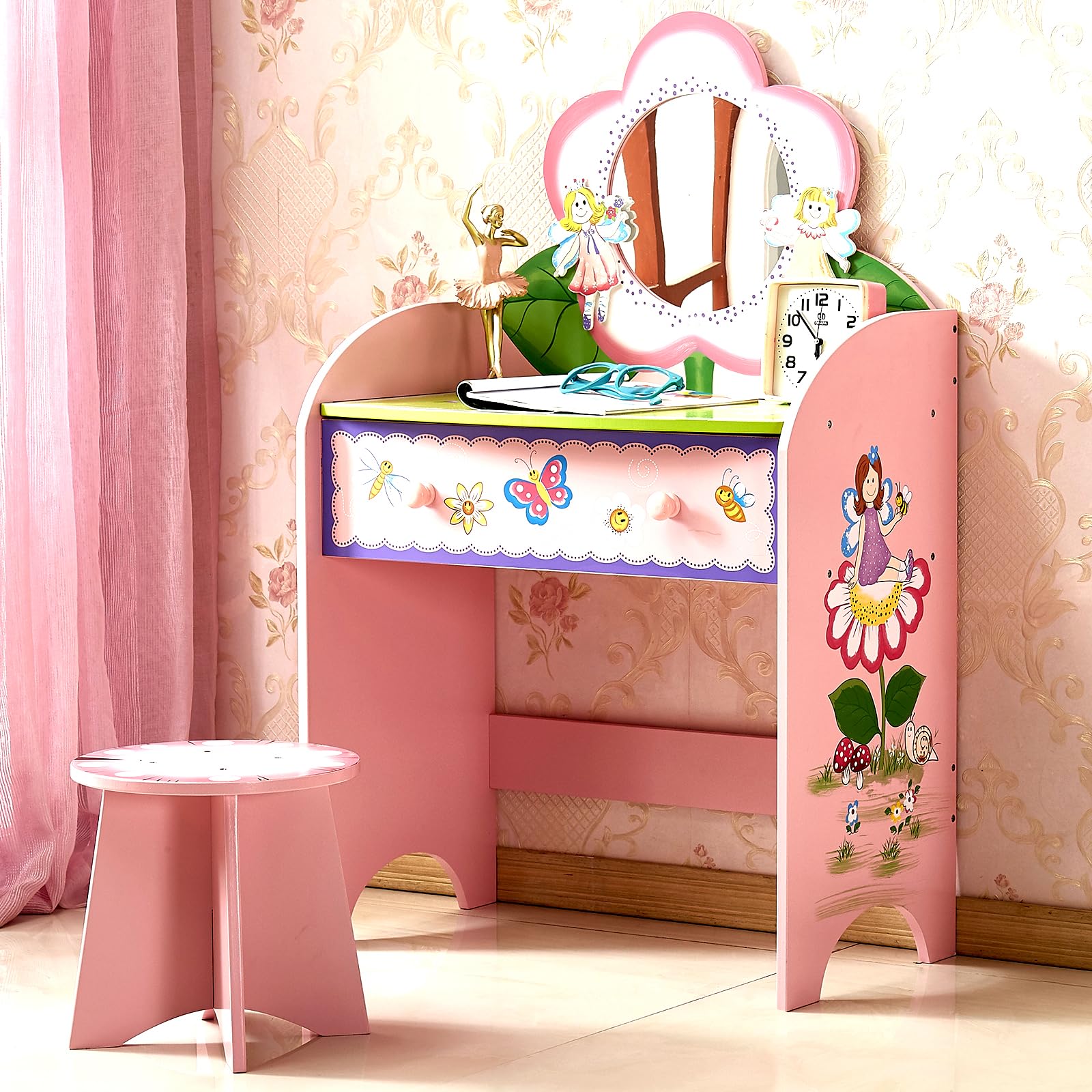 lukazoo Kids Vanity Set with Mirror and Stool, Beauty Makeup Vanity Table with Large Drawer and Chair Set for Toddlers and Kids, Wooden Girls Makeup Dressing Table