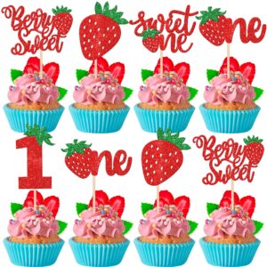 30 pcs strawberry sweet one cupcake toppers glitter berry sweet 1st birthday strawberry cupcake picks for fruit theme baby shower kids first birthday party cake decorations supplies red