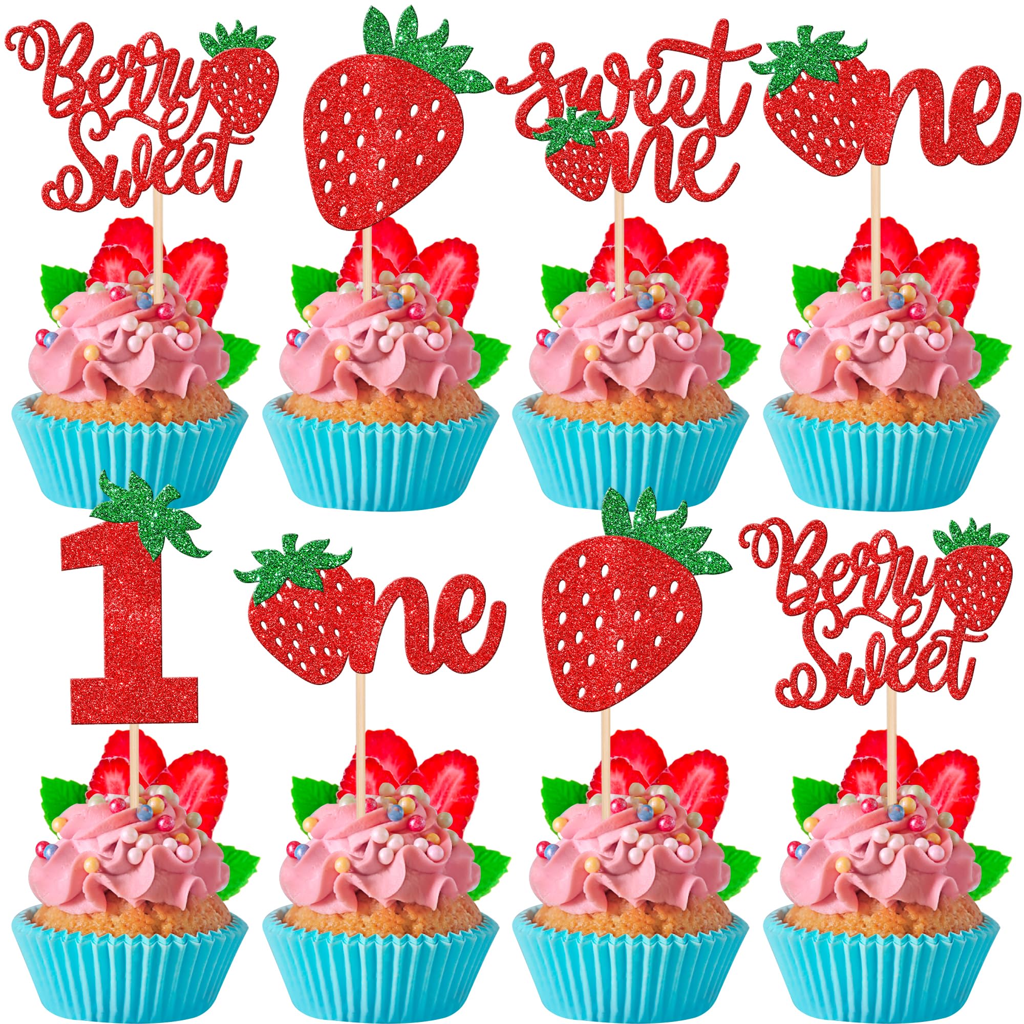 30 PCS Strawberry Sweet One Cupcake Toppers Glitter Berry Sweet 1st Birthday Strawberry Cupcake Picks for Fruit Theme Baby Shower Kids First Birthday Party Cake Decorations Supplies Red