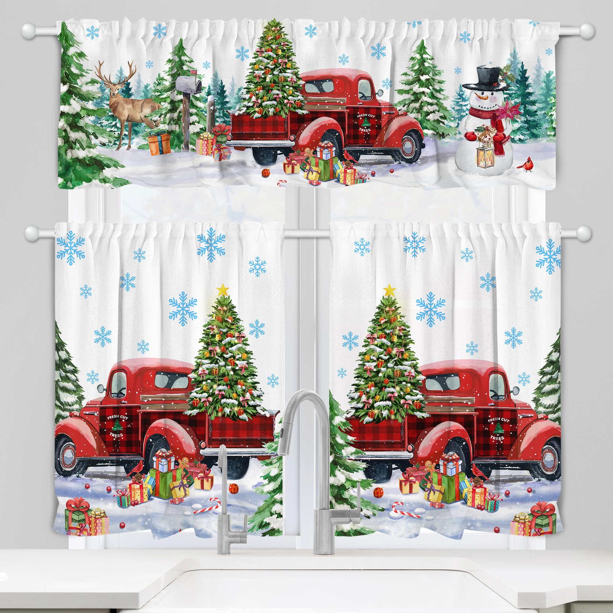 Christmas Kitchen Curtains, Christmas Decor for Home Snowman Valances for Windows, Red Truck Kitchen Curtains and Valances Set Christmas Decorations for Home, 27''x24'' 2 Panel & 54x18 Inch