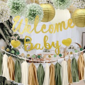 Kiwayo Baby Shower Decorations Sage Green- Welcome Baby Banner with Tissue Pom Poms, Tassel Garland, Paper Lanterns, Circle Dot Garland- Baby Gender Reveal Birthday Party Decorations