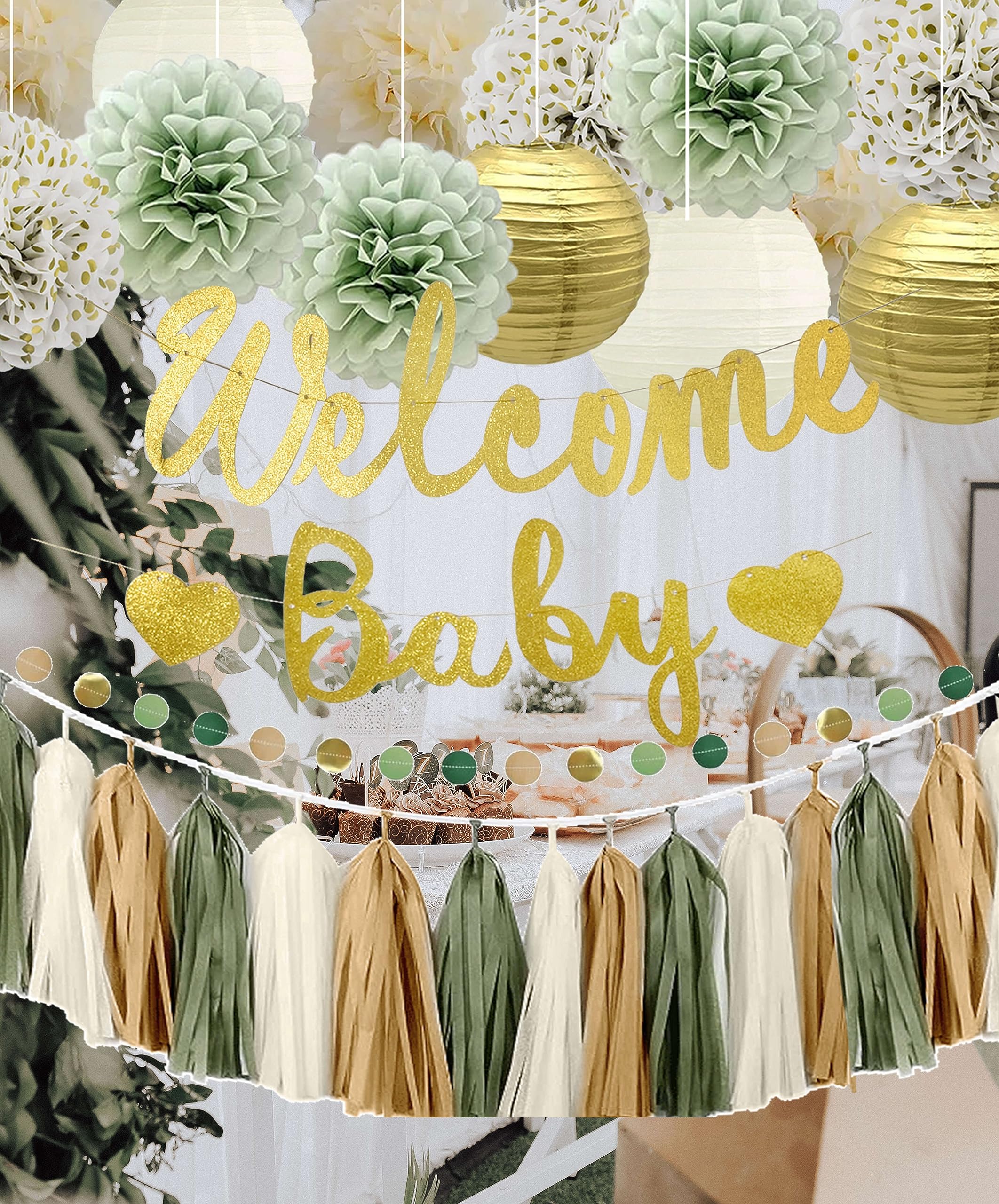 Kiwayo Baby Shower Decorations Sage Green- Welcome Baby Banner with Tissue Pom Poms, Tassel Garland, Paper Lanterns, Circle Dot Garland- Baby Gender Reveal Birthday Party Decorations