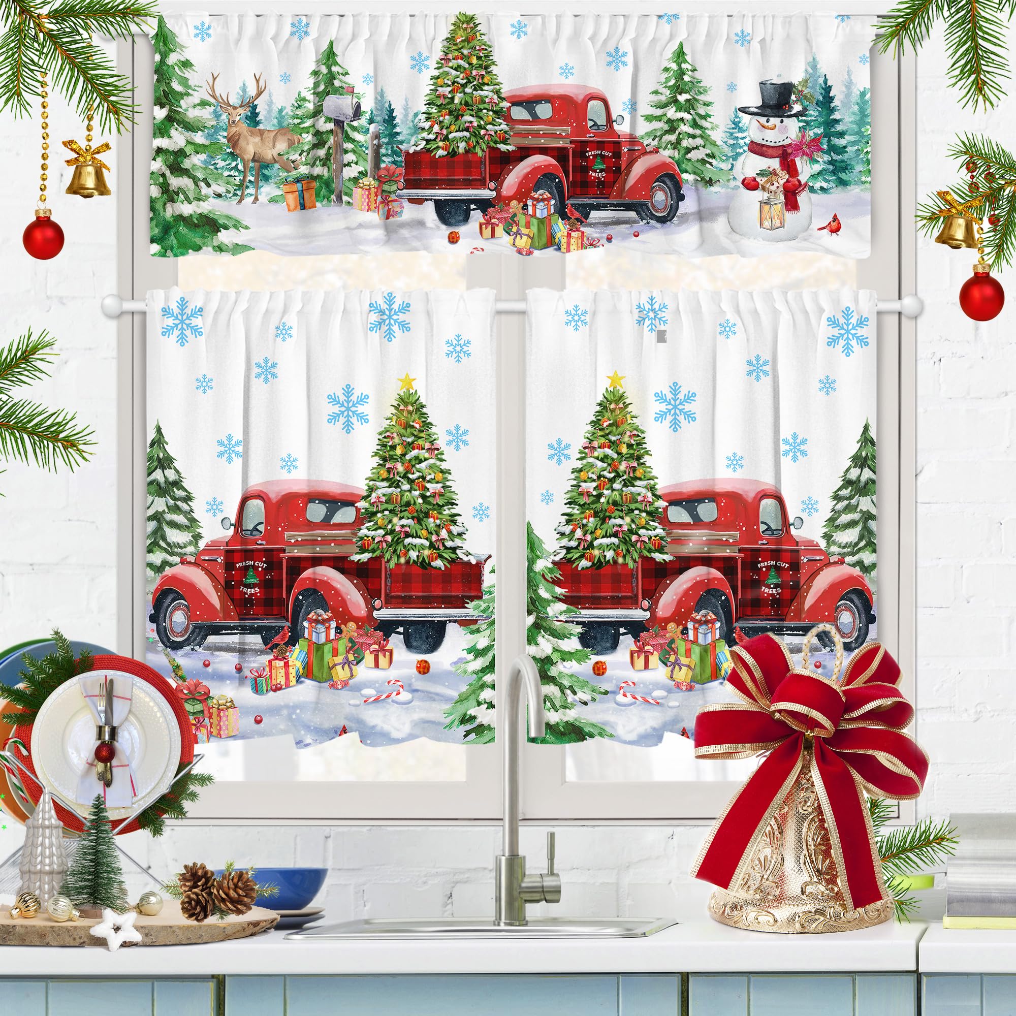 Christmas Kitchen Curtains, Christmas Decor for Home Snowman Valances for Windows, Red Truck Kitchen Curtains and Valances Set Christmas Decorations for Home, 27''x24'' 2 Panel & 54x18 Inch