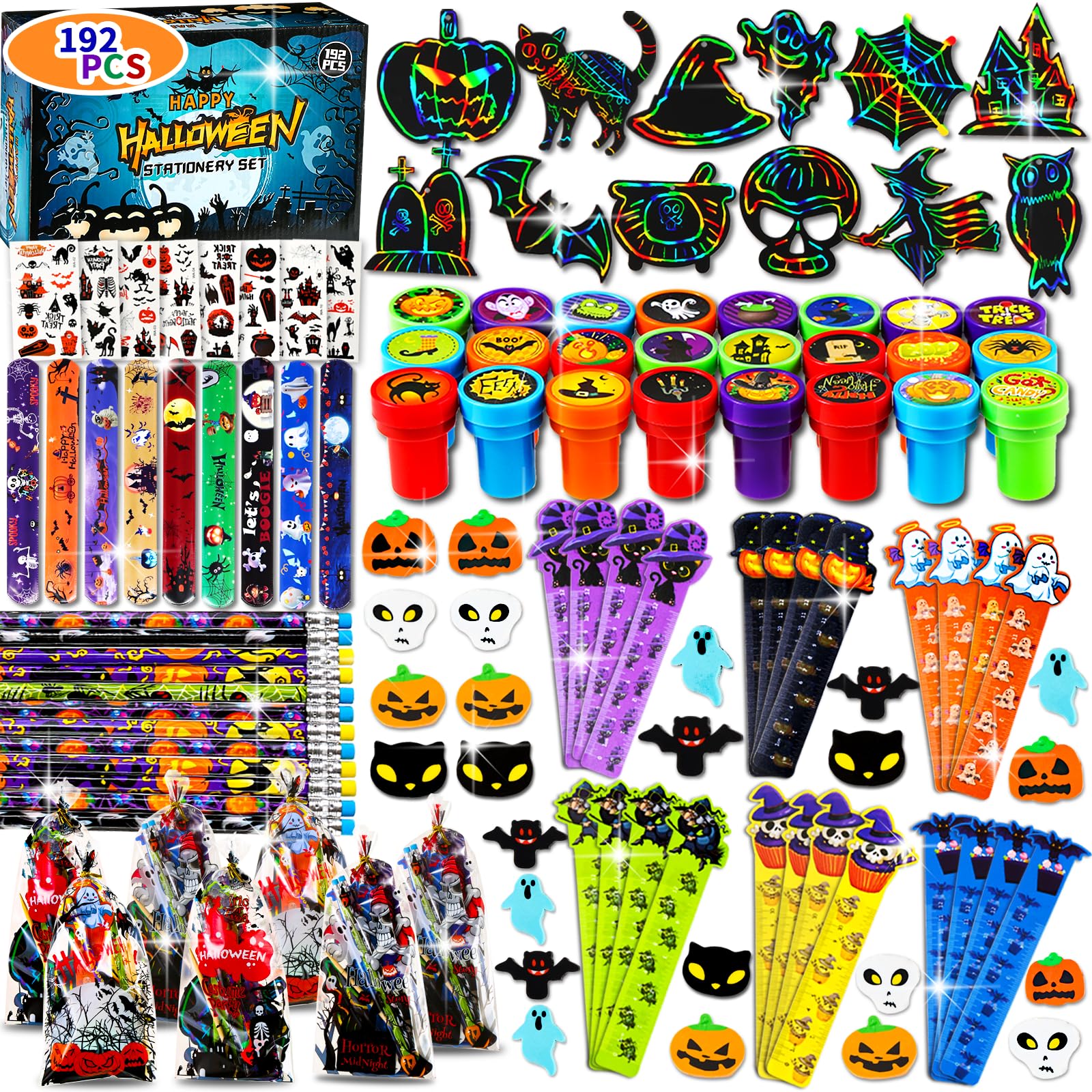 192Pcs Halloween Favors Stationery Gift Set, Trick or Treat Gifts for Kids, Halloween Party Favors for Kids Classroom Prizes Bulk Halloween School Supplies Goodie Bag Stuffers Fillers