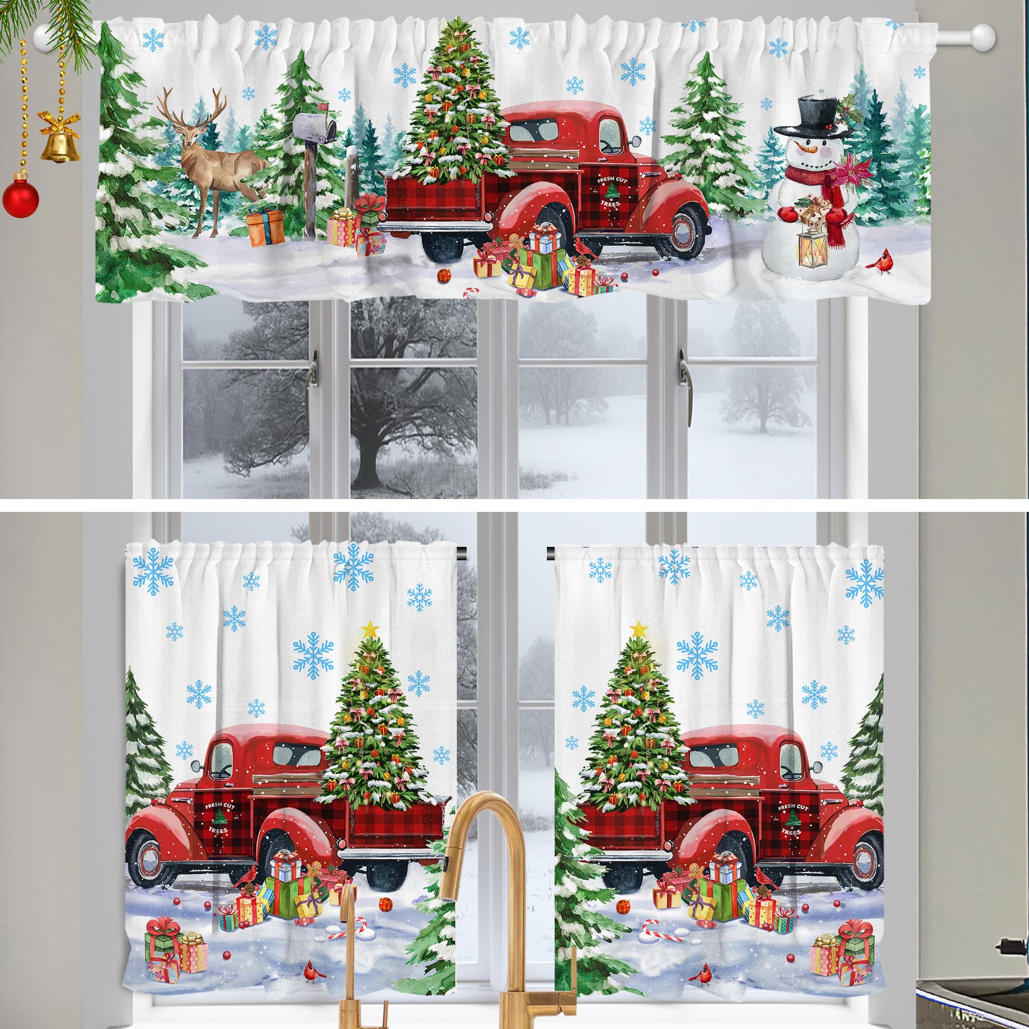 Christmas Kitchen Curtains, Christmas Decor for Home Snowman Valances for Windows, Red Truck Kitchen Curtains and Valances Set Christmas Decorations for Home, 27''x24'' 2 Panel & 54x18 Inch