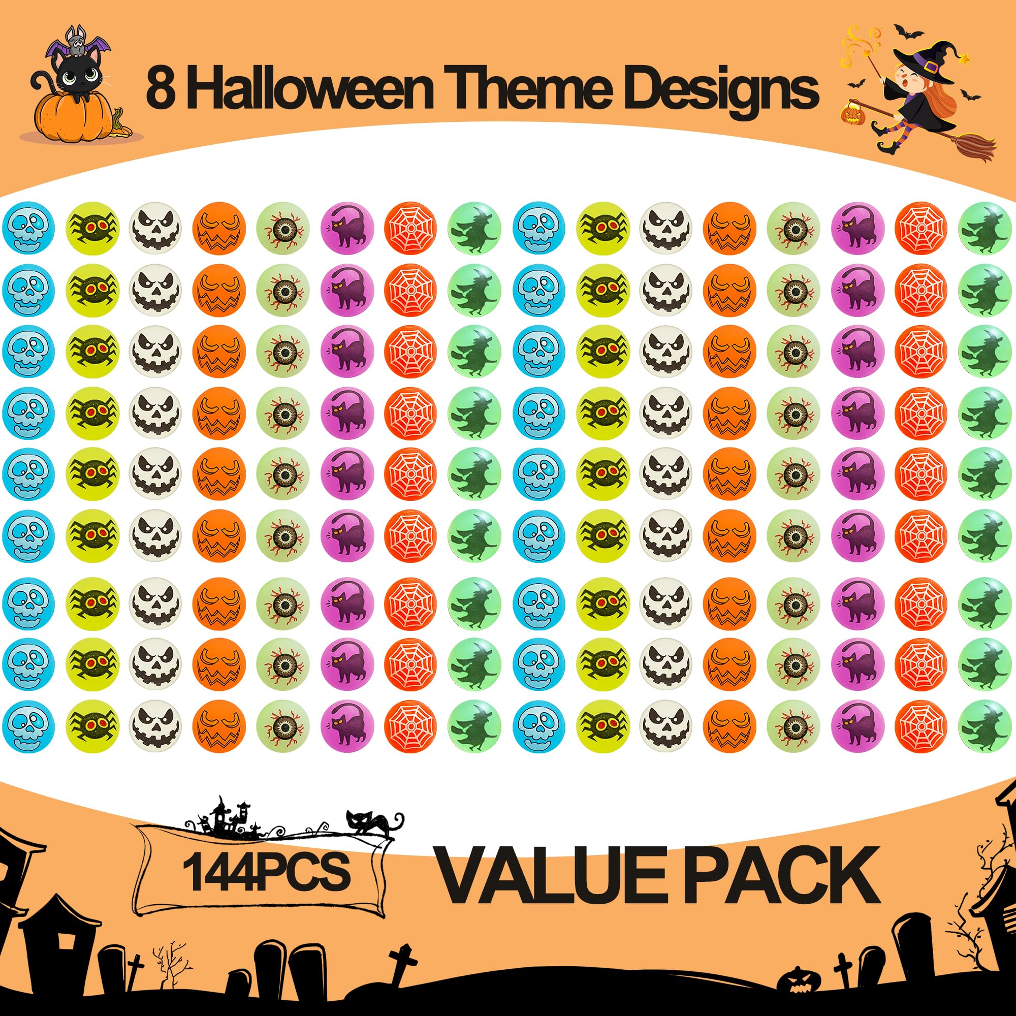 Taocco 144 Pieces Halloween Bouncing Balls,8 Halloween Theme Designs Glow in The Dark Bouncy Toys Balls,Halloween Party Favor Supplies,Classroom Rewards,Trick or Treat Party Bag Filler