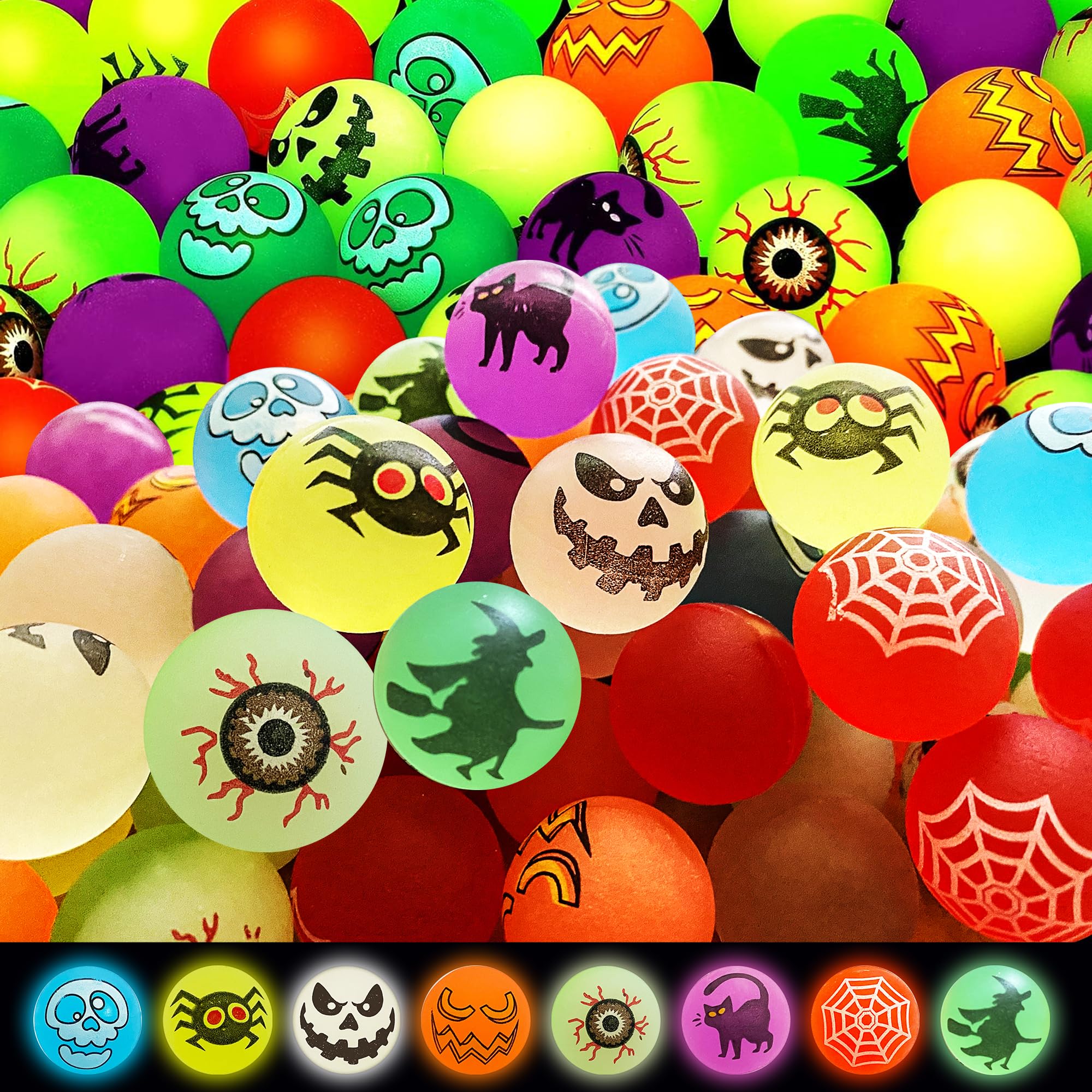 Taocco 144 Pieces Halloween Bouncing Balls,8 Halloween Theme Designs Glow in The Dark Bouncy Toys Balls,Halloween Party Favor Supplies,Classroom Rewards,Trick or Treat Party Bag Filler