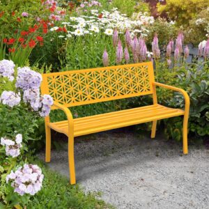 VINGLI 50" Outdoor Bench Metal with Floral Back, Garden Bench Front Porch Bench for Yard Patio Entryway Park Outside, 800lb Capacity - Yellow