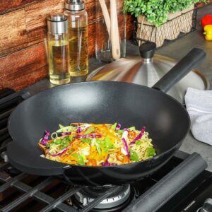 Kenmore Eugene 13 Inch Cast Aluminum Wok W/Lid - Matte Black