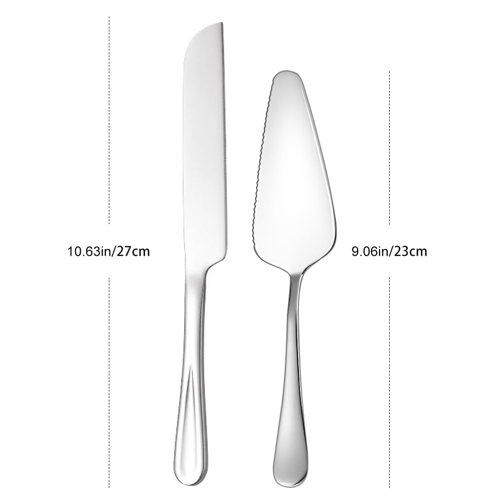 tiokin Wedding Cake Knife and Server Set,Stainless Steel Cake Cutting Set,2Pcs Silver Include 10.63" Cake Cutter And 9.06" Cake Server for Wedding, Birthday, Parties and anniversary