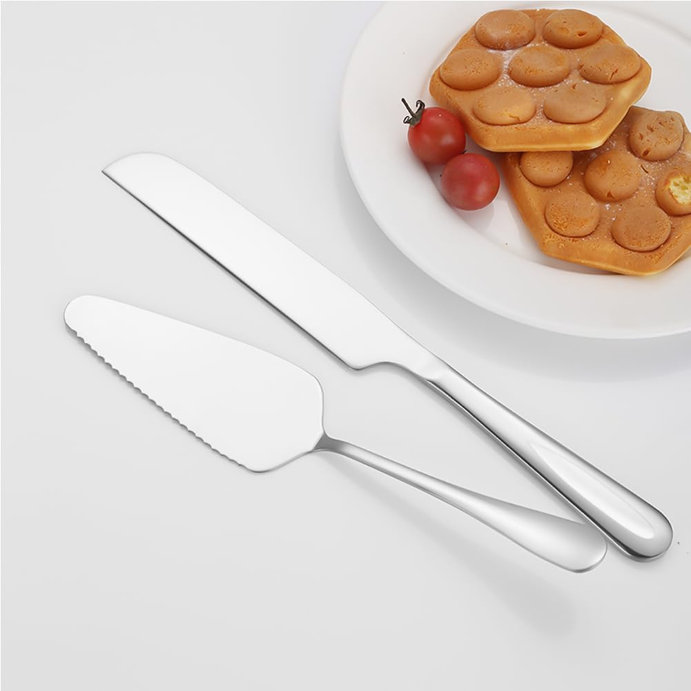 tiokin Wedding Cake Knife and Server Set,Stainless Steel Cake Cutting Set,2Pcs Silver Include 10.63" Cake Cutter And 9.06" Cake Server for Wedding, Birthday, Parties and anniversary