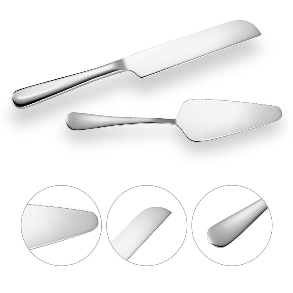 tiokin Wedding Cake Knife and Server Set,Stainless Steel Cake Cutting Set,2Pcs Silver Include 10.63" Cake Cutter And 9.06" Cake Server for Wedding, Birthday, Parties and anniversary