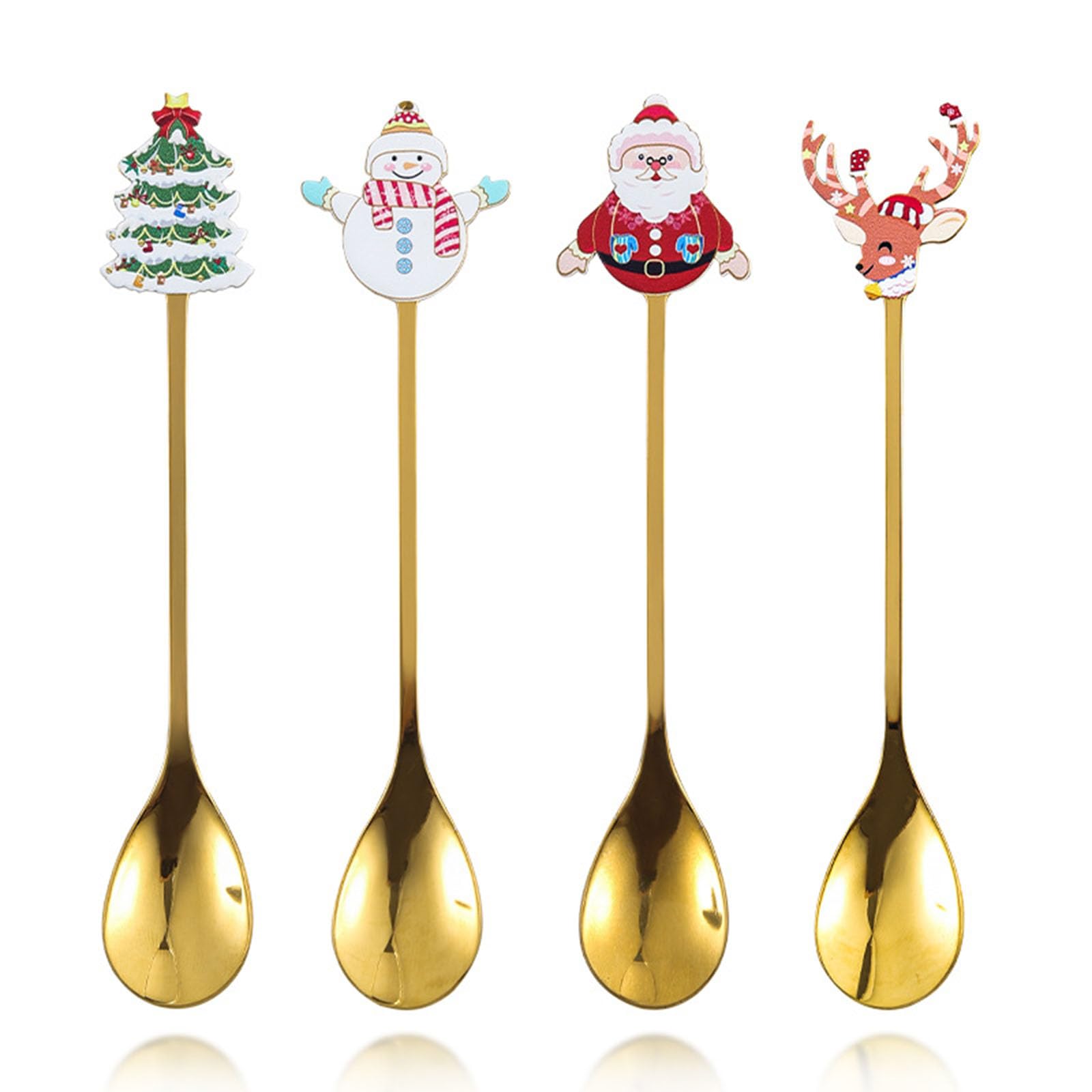 Acewen 4Pcs Christmas Coffee Spoons Santa Claus Christmas Tree Snowman Elk Stainless Steel Gold Spoons for Coffee Dessert Cake Tea Soup Dinner Tableware Practical Xmas Gift