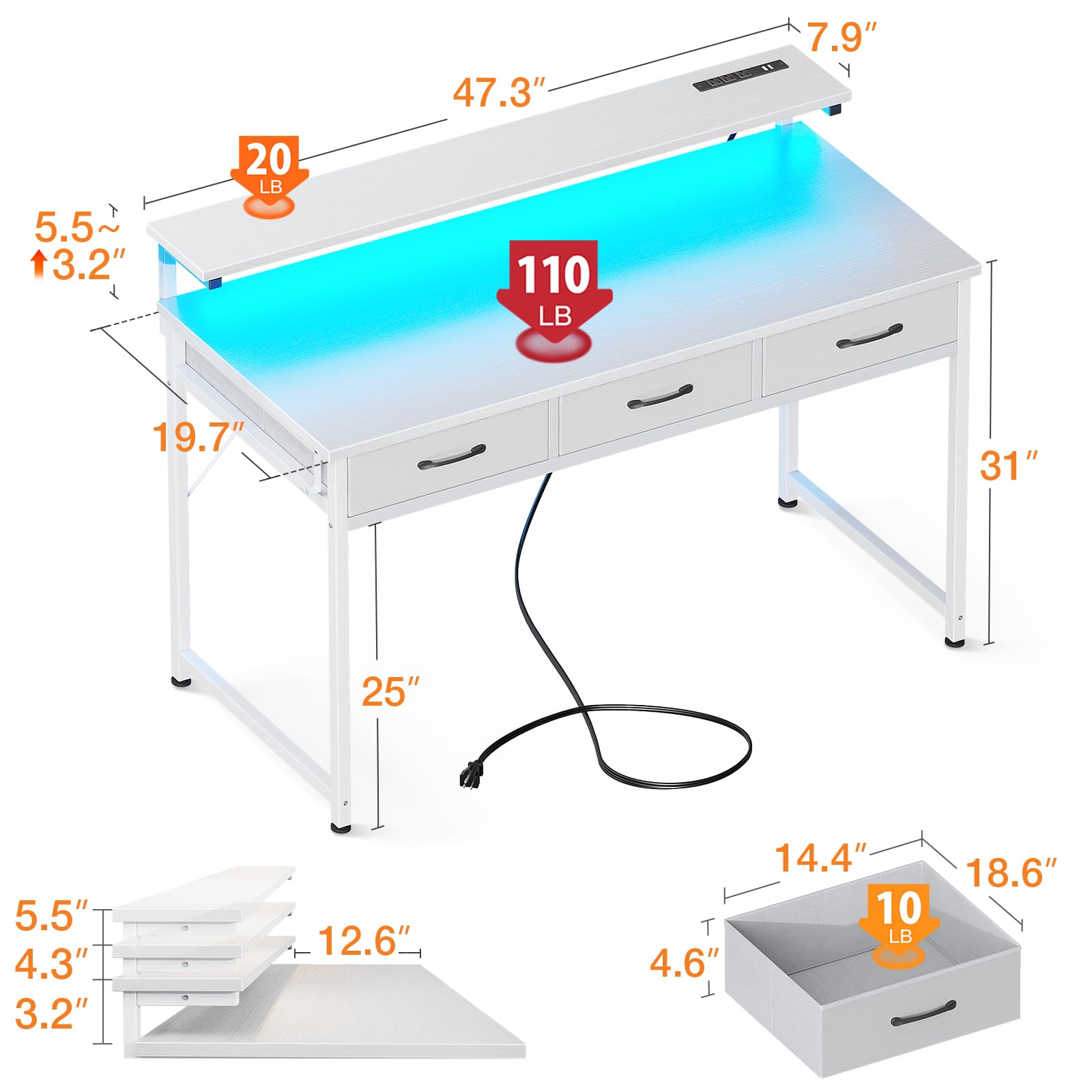 ODK 48 Inch Computer Desk with 3 Drawers and USB Power Outlets, Home Office Desks with LED Lights and Adjustable Monitor Stand, Work from Home, Modern Work/Writing/Study Table for Bedroom, White