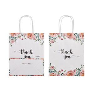 50 Pack Medium White & Spring Floral Thank You Paper Gift Bags with Handles 10 x8 x4 Inches and Pink Tissue Paper for Small Business Wedding Baby Shower Birthday Party Favors Goodies