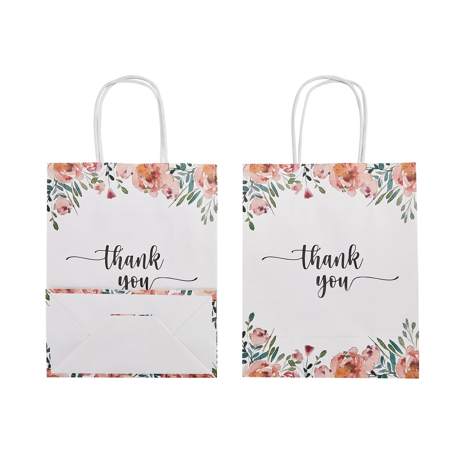 50 Pack Medium White & Spring Floral Thank You Paper Gift Bags with Handles 10 x8 x4 Inches and Pink Tissue Paper for Small Business Wedding Baby Shower Birthday Party Favors Goodies