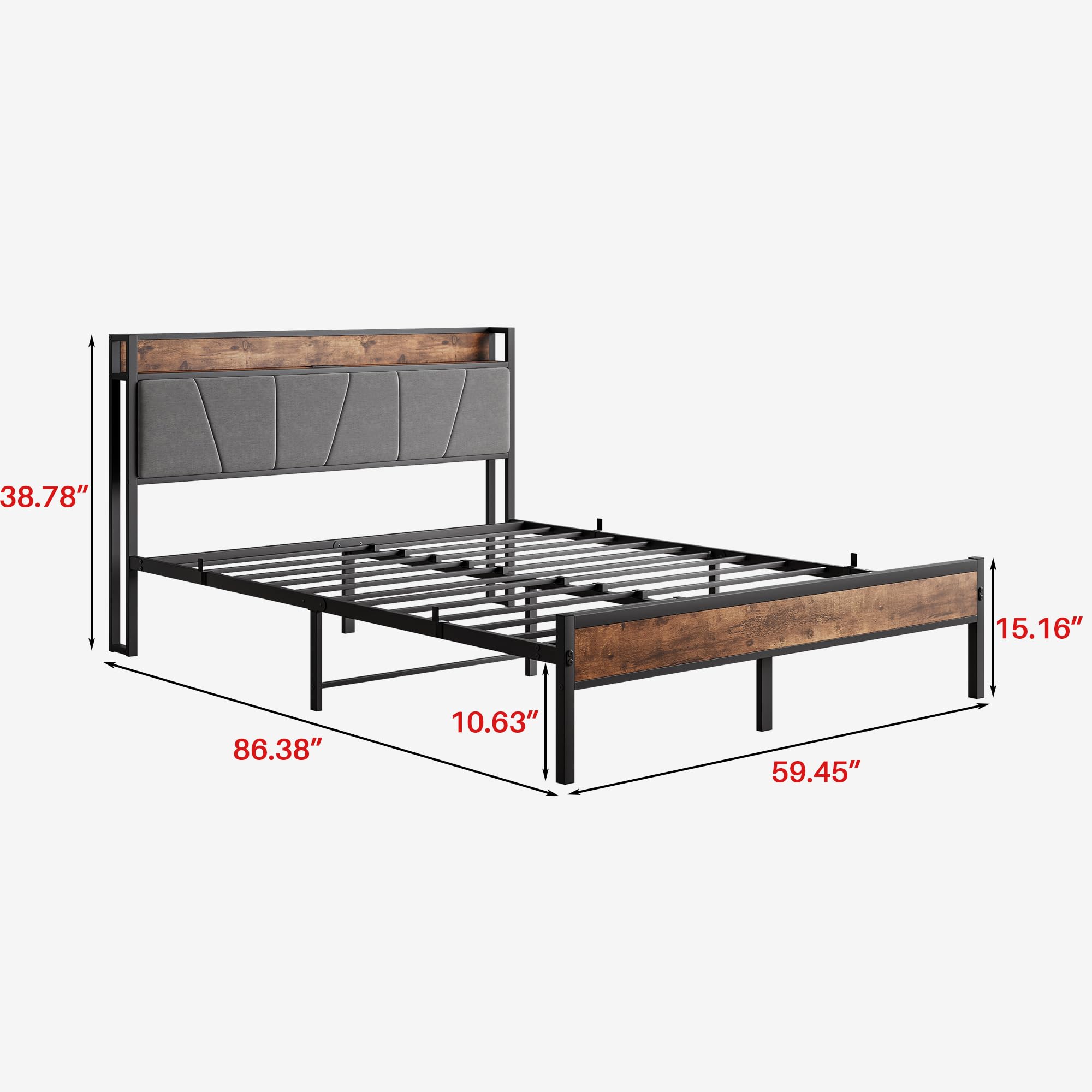 BOFENG Queen Size Bed Frame with Storage Headboard/Charging Station,Heavy Duty Metal Upholstered Platform Bed Frames Queen Size with Storage No Box Spring Needed,Strong Metal Slats,Noise Free,Brown