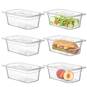 6 pack 4'' deep plastic clear food pan with lids,commercial stackable polycarbonate pan with capacity indicator,acrylic food storage,restaurant supplies for kitchen (1/4 size 4''deep)