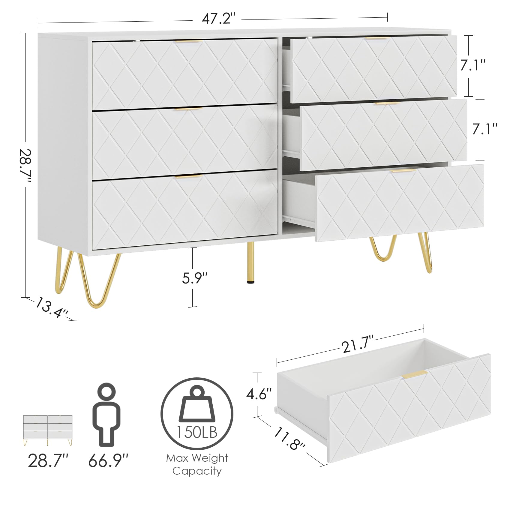 Masupu 6 Drawer Dresser, Modern Drawer Chest, Wide Storage Dresser Chest Cabinet Organizer Unit with Metal Legs, Chest of Drawers for Bedroom, Living Room, Closet, Entryway, White Large