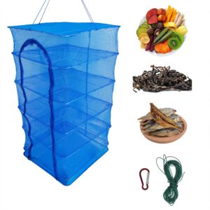 earfnbabi drying rack foldable fishing mesh 6 layers hanging drying fish net foldable nylon netting dryer, for seeds fish vegetables fruit herb food clothes, zipper opening blue 19.68"x19.68"x37.4"