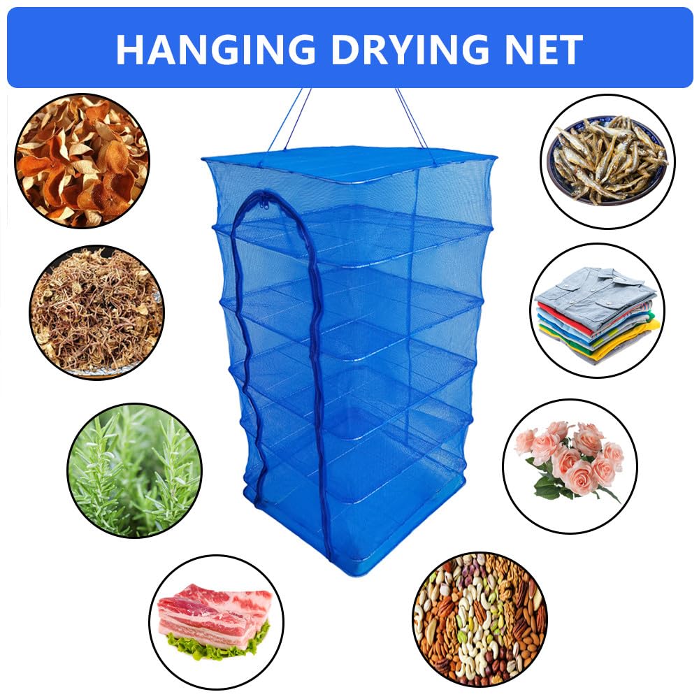 EarfnBabi Drying Rack Foldable Fishing Mesh 6 Layers Hanging Drying Fish Net Foldable Nylon Netting Dryer, for Seeds Fish Vegetables Fruit Herb Food Clothes, Zipper Opening Blue 19.68"x19.68"x37.4"