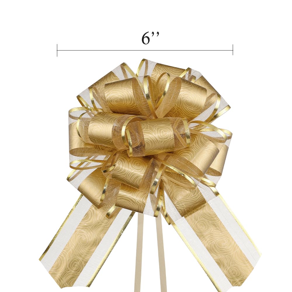 6 PCS Pull Bow,Gold Gift Bow,6 inches Bow for Gift Basket,Party Birthday Gift Wedding Ribbon Bows for Wrapping Boxes or Flower Decorations, Valentine's Day Gift Decorations (Gold)