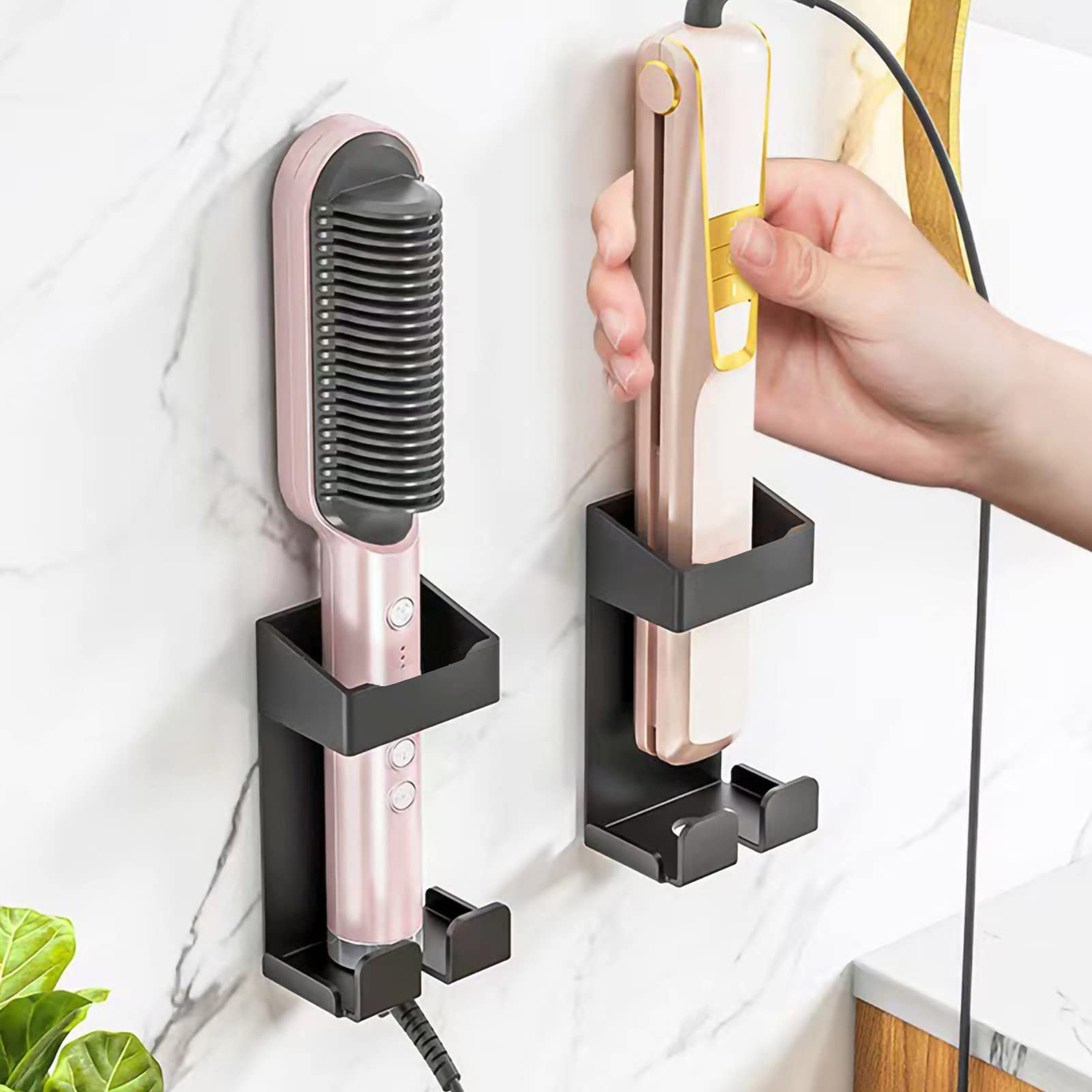 Wall Mount Curling Iron Holder, Stainless Steel Iron Shelves, Hair Tool Holder with Cable Storage and Plug Holders for Bathroom (black)