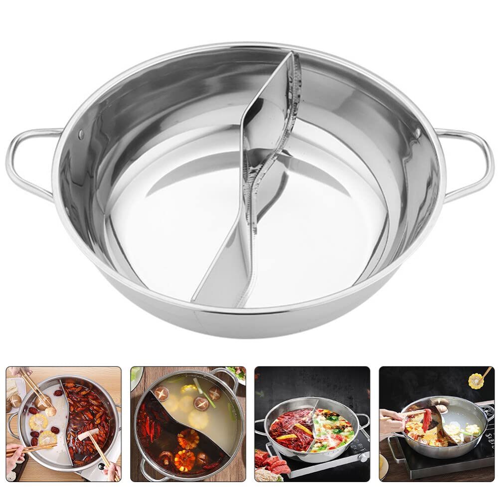 UPKOCH Stainless Steel Pot with Divider Weldless Hot Pot Two-flavor Soup Pot Shabu Shabu Pot Induction Cookware with Handle for Gas Electric Stove Cooking Pot 28cm