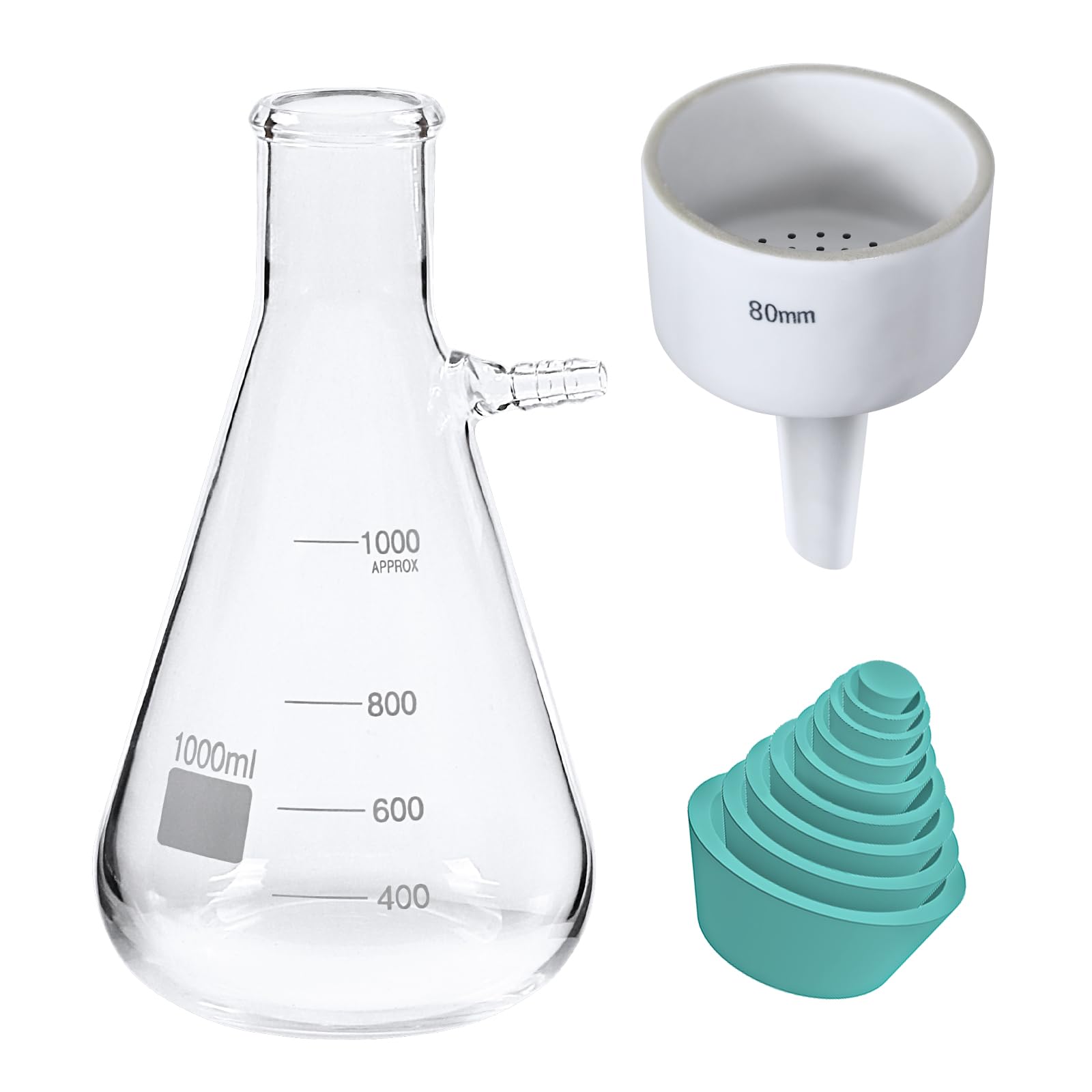 Buchner Funnel Filtering Kit, Vacuum Filter Flask Set with 1000 ml Filter Bottle and 80 mm Funnel, Borosilicate Glass Lab Vacuum Filtration Distillation Apparatus (Green)