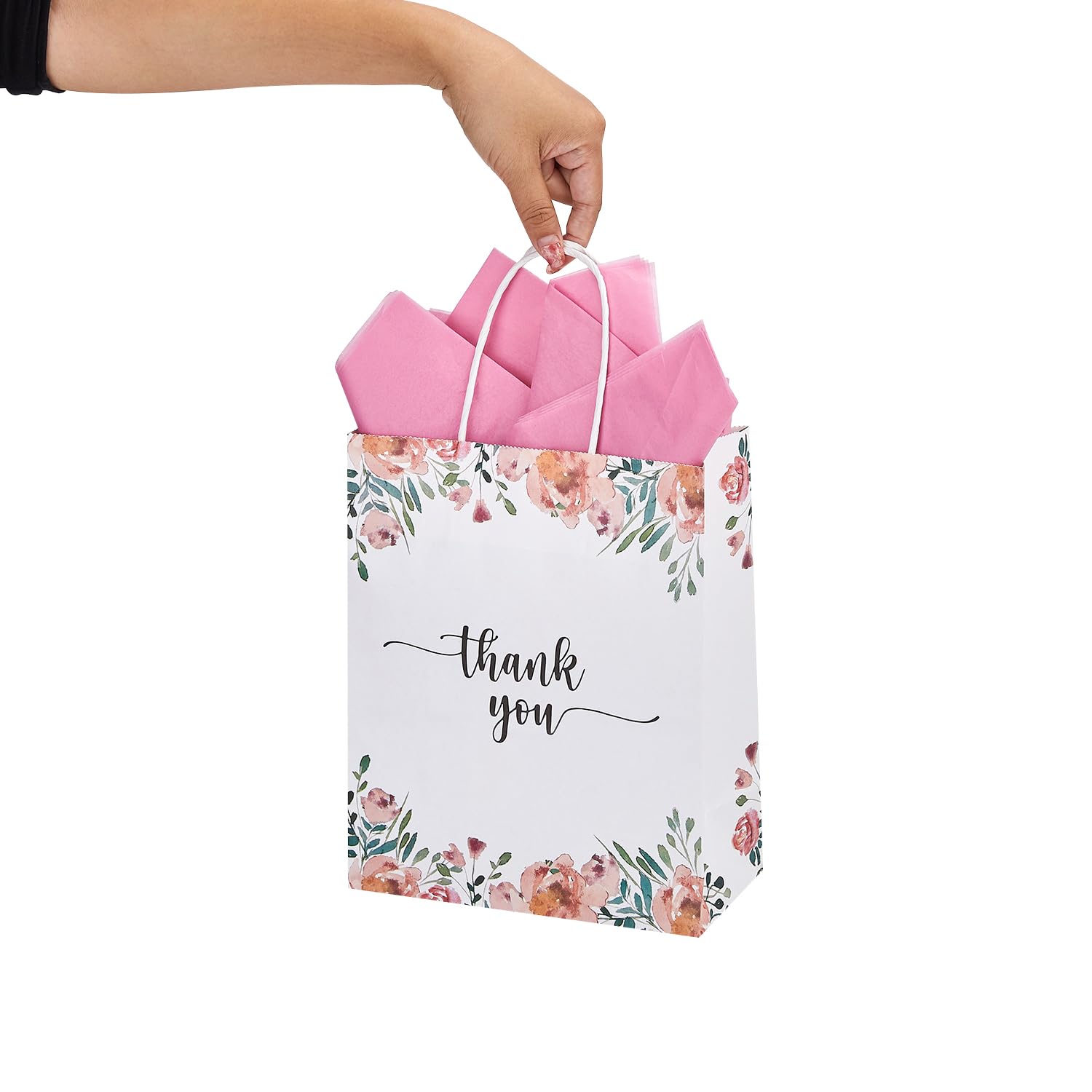 50 Pack Medium White & Spring Floral Thank You Paper Gift Bags with Handles 10 x8 x4 Inches and Pink Tissue Paper for Small Business Wedding Baby Shower Birthday Party Favors Goodies