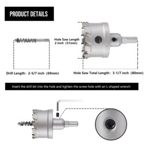 Anfrere TCT 2'' Hole Saw Bit for Hard Metal, Heavy Duty TCT Carbide Cutting Hole Saw Bit with Center Drilling Bit and SDS Shank and L-Wrench for Stainless Steel, Iron, Aluminium, Alloys, Plastics