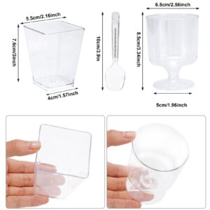 Whaline 100Pcs 5oz Dessert Cups with Spoons 50 pcs Clear Plastic Mini Square Dessert Goblet Appetizer Cups 50 pcs Plastic Spoons for Fruit Ice Cream Cake Party Events Supplies