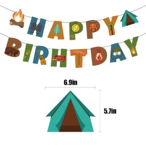 GLASNES Camping Birthday Party Decoration Kit Banner Cake Topper Happy Camper Party Decorations for Baby Shower Boys Girls Adults Kids Camping Theme Happy Birthday Banner