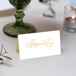 25 Pack Reserved Sign, Real Gold Foil Printed Tent Place Cards, Reserved Table Signs, Wedding Reserved Signs for Table at Restaurants, Church, Business Office Board Meetings, Holiday Christmas Party.