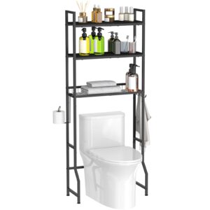 NOVIMANGO Over The Toilet Storage 3 Tier Over Toilet Bathroom Organizer Wooden Bathroom Space Saver Freestanding Above Toilet Stand with 4 Hooks Black Over The Toilet Rack for Restroom, Laundry