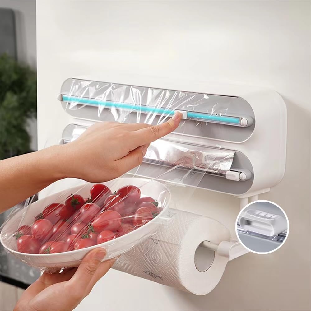 3 in 1 Wrap Organizer with Cutter Includes 2 Rolls of Plastic Wrap and Aluminum Foil Dispenser，Magnetic Paper Towel Holder for Fridge，foil and Plastic wrap Organizer，Magnetic Paper Towel Holder