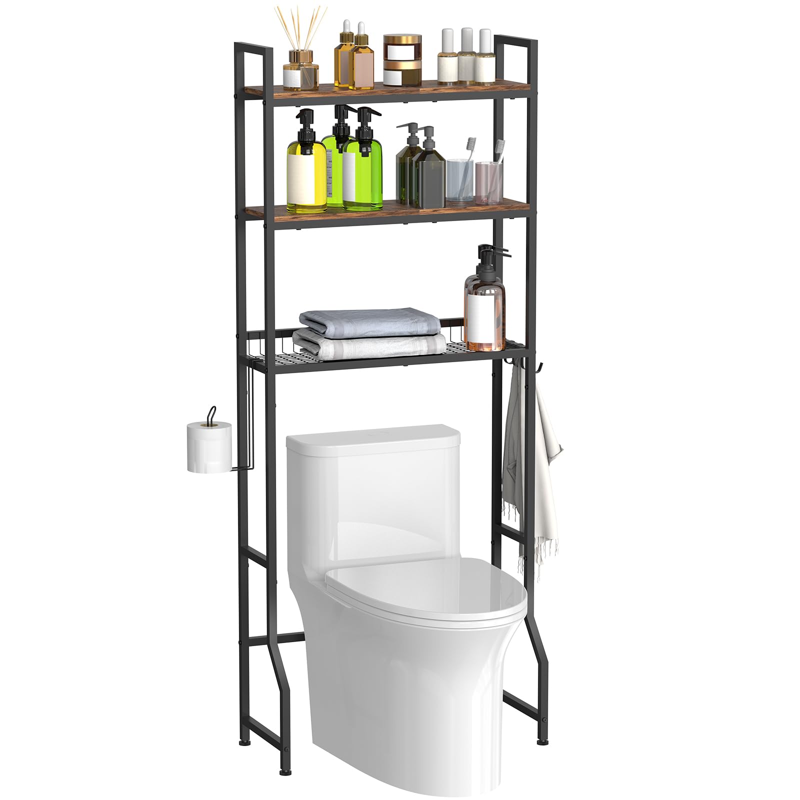 NOVIMANGO Over The Toilet Storage, Over Toilet Bathroom Organizer 3 Tier, Above Toilet Storage Rack for Bathroom Freestanding Bathroom Space Saver with Metal Frame and 4 Hooks for Laundry, Brown