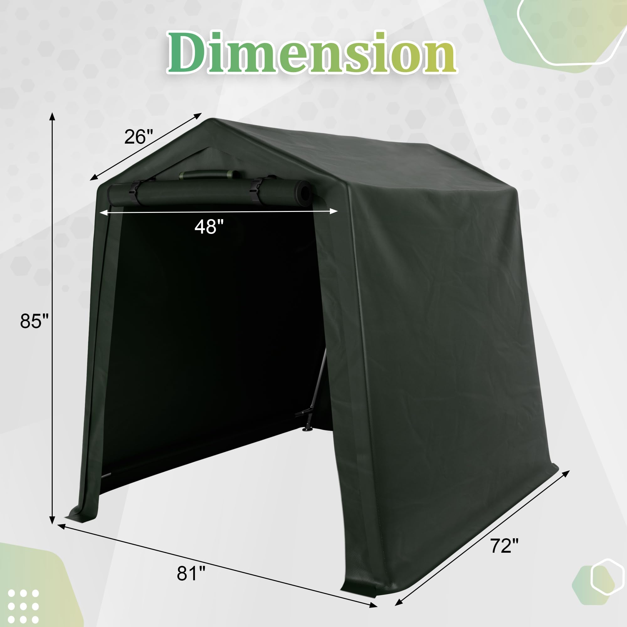 Greesum 6 x 6 ft Storage Shed Canopy Portable Shelter Heavy Duty Outdoor Carport with Roll-up Zipper Door for Bike, Motorcycle, Garden Storage, Waterproof and UV Resistant, Green