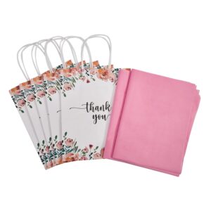 50 Pack Medium White & Spring Floral Thank You Paper Gift Bags with Handles 10 x8 x4 Inches and Pink Tissue Paper for Small Business Wedding Baby Shower Birthday Party Favors Goodies