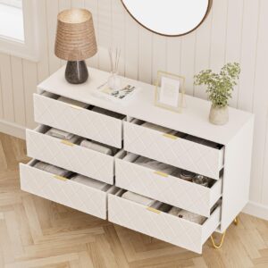 Masupu 6 Drawer Dresser, Modern Drawer Chest, Wide Storage Dresser Chest Cabinet Organizer Unit with Metal Legs, Chest of Drawers for Bedroom, Living Room, Closet, Entryway, White Large