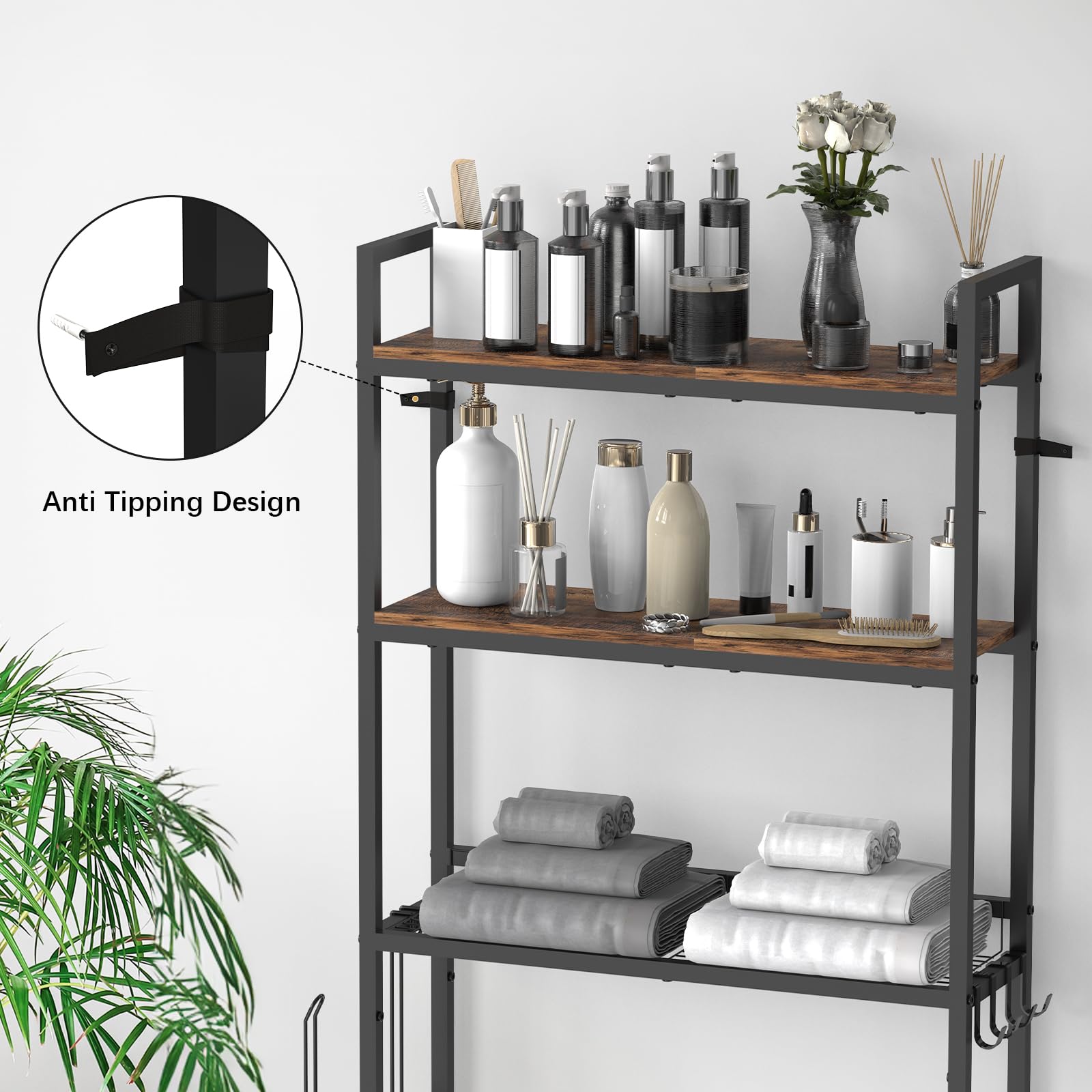 NOVIMANGO Over The Toilet Storage, Over Toilet Bathroom Organizer 3 Tier, Above Toilet Storage Rack for Bathroom Freestanding Bathroom Space Saver with Metal Frame and 4 Hooks for Laundry, Brown