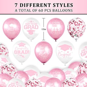 Whaline 60Pcs Graduation Party Balloon Set 7 Designs Confetti Latex Balloon with 2 Rolls Ribbon Grad Cap Congrats Grad Balloon for Graduation Party Decoration Supplies (Pink, White)