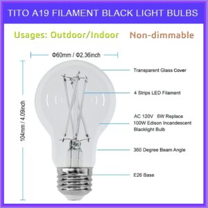 TITO 8 Pack E26 A19 Filament LED Black Light Bulbs, UVA 395nm 6W Blacklight Bulb 100W Equivalent, Black Light Bulb Glow in Dark Halloween Christmas Party Fluorescent Tapestry Poster Decor Body Paint