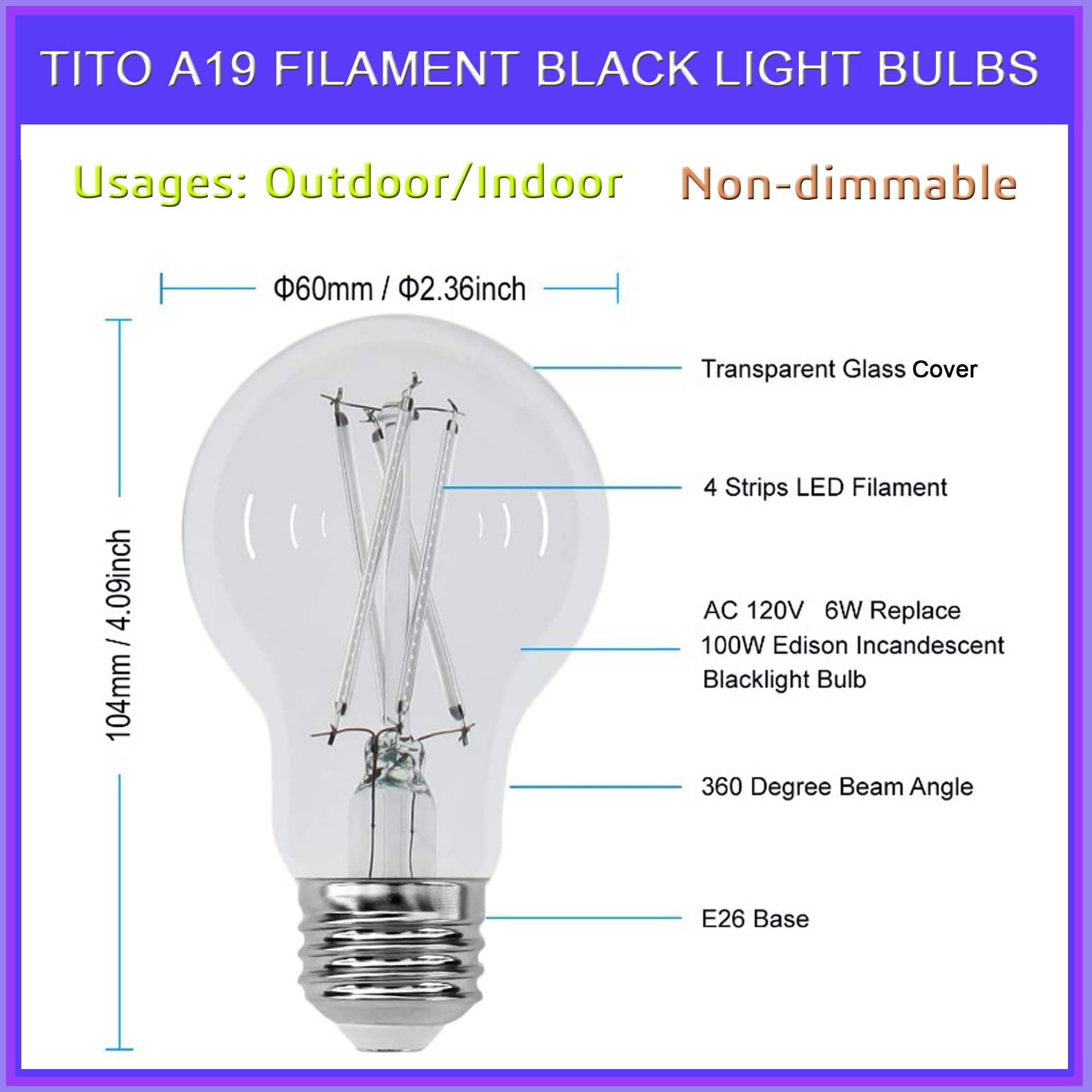 TITO 8 Pack E26 A19 Filament LED Black Light Bulbs, UVA 395nm 6W Blacklight Bulb 100W Equivalent, Black Light Bulb Glow in Dark Halloween Christmas Party Fluorescent Tapestry Poster Decor Body Paint