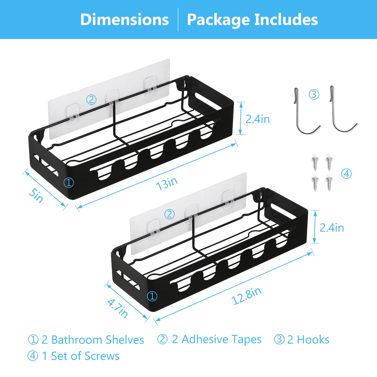 JSVER Stainless Steel Shower Caddy Wall Mounted Shower Organizer, Shower Shelves With Hooks, No Drilling Shower Rack for Shampoo, Conditioner, Body Wash, Shower Shelf For Inside Shower (2 Pack)