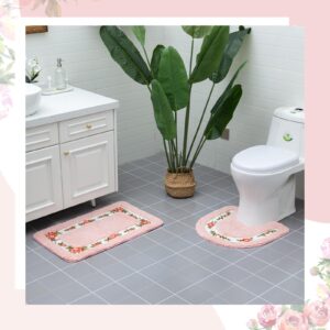 3 Pcs Rose Flowers Coquette Bathroom Rugs Set Coquette Rug Bathroom Bedroom Living Room Carpet, Floral Flower Rugs for Bedroom Non Skid Absorbent Romantic Rose Flower Area Rugs 3 Shapes(Pink)